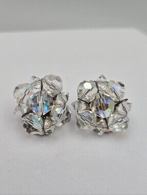 Vintage Aurora Borealis Crystal Cluster Clip-On Earrings AB Rhinestone 50s 60s